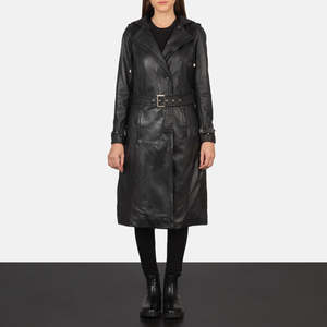 Fixon Casual Black Trench <b>Coat</b> Hood Waterproof PU Leather Double Breasted Closure Long Length Denim Knitted Fabric Cotton Filled - Product Image 3