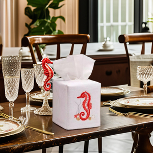 ขายส่งเย็บปักถักร้อยสีแดง Serahorse เนื้อเยื่อกล่องฝาครอบสแควร์เนื้อเยื่อผู้ถือฝาครอบที่มีคุณภาพสูง100% ผ้าลินินตารางตกแต่ง - Product Image 5