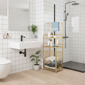 KPT68009 Modern Bathroom Storage <b>Shelf</b> with <b>Hooks</b> and Baskets Stainless Steel Corner Mounted for Hotel Kitchen Apartment - Product Image 2