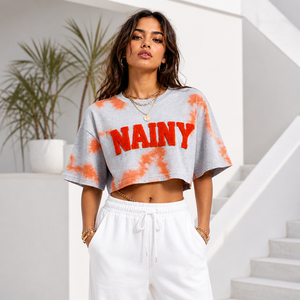 Camiseta Corta Oversize de Algodón para Mujer con Bordado Chenille, Estilo Urbano, Ajuste Holgado, Proveedor Mayorista Personalizado - Product Image 3