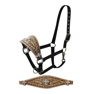 Full Size Bronc Halter for Equestrian Riding Tooled Noseband with Beaded Crystal Cross Inlay Folded Horse <b>Lead</b> <b>Rope</b> - Product Image 1