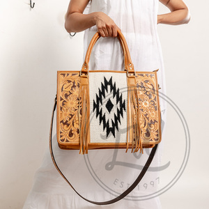 Handmade Large Cowhide Tote <b>Shoulder</b> <b>Bag</b> Genuine Leather with Tooling Patch Mid Hairon Matching <b>Straps</b> Portable Feature - Product Image 3
