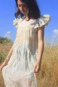 Vestido Casual de Verano con Mangas Abullonadas Blancas y Bordado, Corte en A, Largo Midi, Patrón Geométrico, Tejido de Algodón Transpirable y Ecológico - Product Image 6