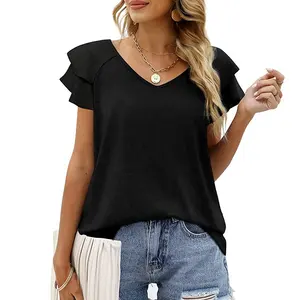 Échantillon gratuit vin rouge été hauts Double dentelle à volants manches chemises pour femmes col en V lâche décontracté t-shirt tuniques femme Blouses