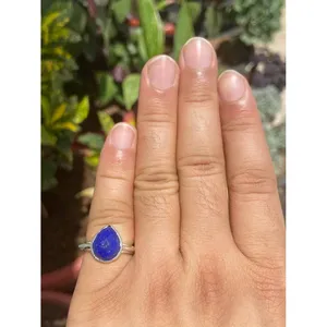 925 Silver Statement <b>Ring</b> with Pear Cut Lapis Lazuli Bezel Set Rhodium Plated Geometric Pattern Everyday Wear - Product Image 1