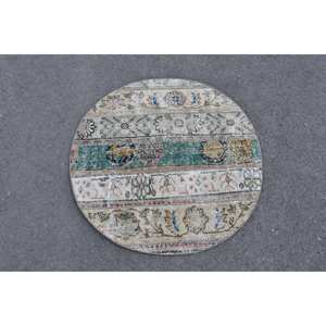 Tapis turc vintage 3 pieds x 3 pieds beige et vert, tissage plat en laine, éco-responsable, patchwork, avec support en latex pour la décoration de la salle à manger - Product Image 3