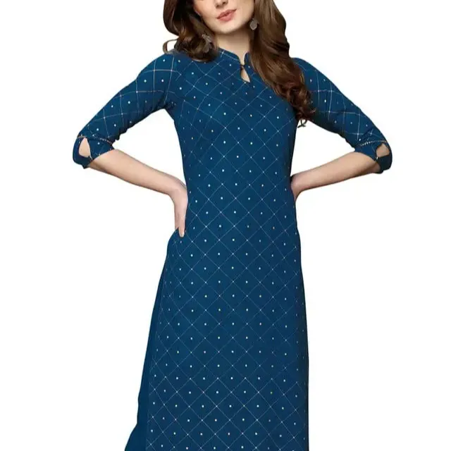 Rayon fertig hergestellt l Sommer blaue Farbe gedruckte Freizeitkleidung langer Kurti für Damen indische Kleider