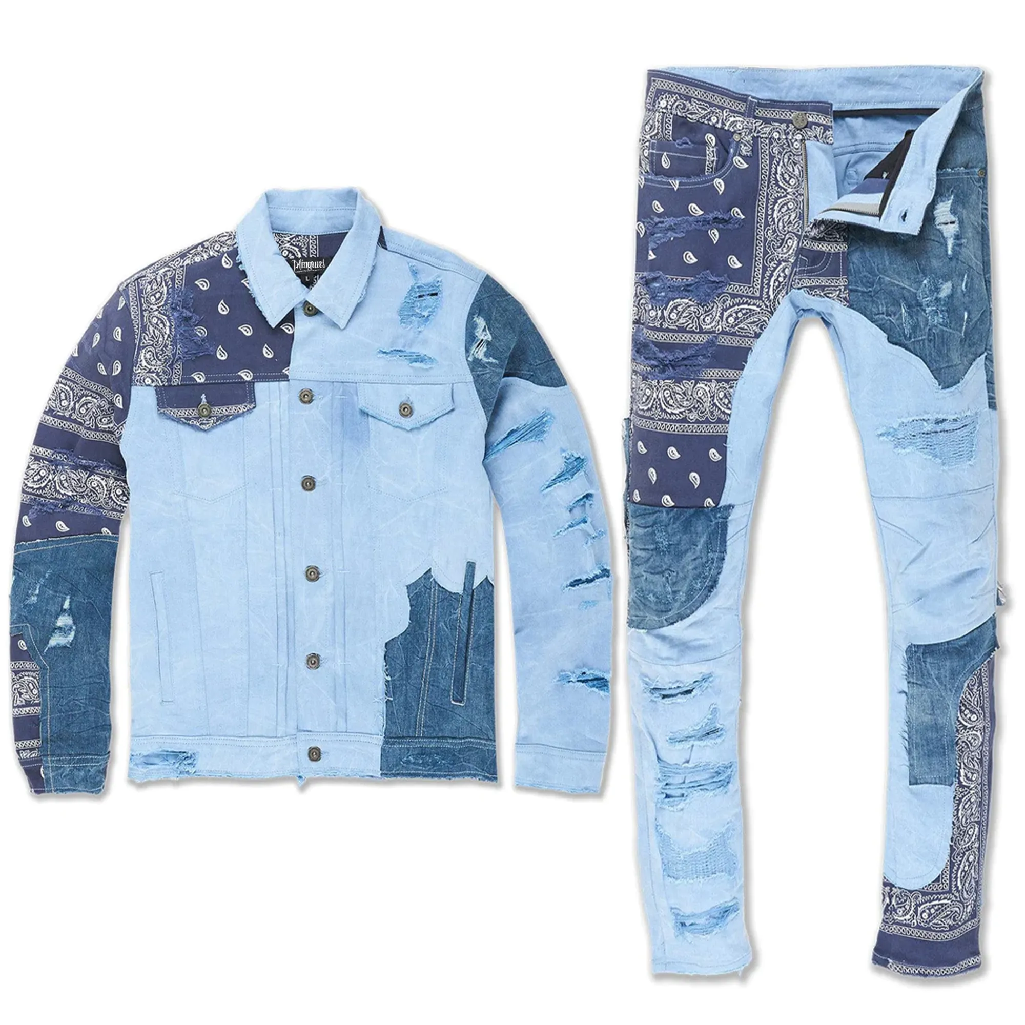 Mingwei Washed Blue Jeans Sets Denim Trucker Jacket Patch Distressed Two Piece Denim Sets Hombres