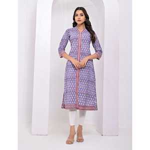 Kurti Azul de Algodón con Estampado de Bloques, Ropa Tradicional India Étnica Cosida para Uso Diario, Fiestas y Ocasiones Especiales, Tela de Red - Product Image 1