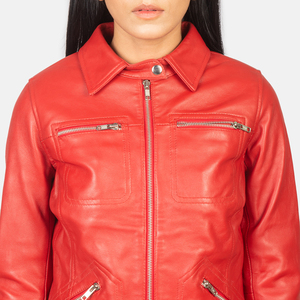 Chaquetas de mujer Biker chaqueta roja de cuero genuino de alta calidad para mujer al por mayor bombardero logotipo personalizado colores OEM cierre de cremallera - Product Image 6