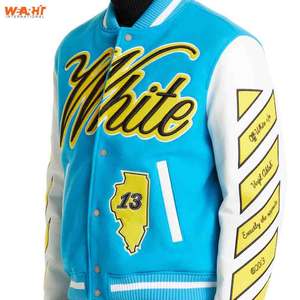 Venta al por mayor Hombres/mujeres chaqueta Varsity por encargo chaquetas Varsity de cuero real con el cuerpo de lana azul cielo chaqueta Varsity - Product Image 2