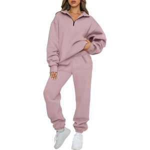 Dark <b>Pink</b> Women's Sweatsuits 2 Piece Outfits Long Sleeve Half Zip Pullover and Baggy Sweat Pants with Pockets Breathable - Product Image 1