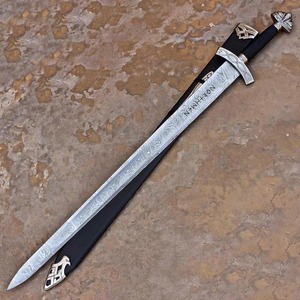 Épée viking artisanale en acier Damas avec fourreau, plaqué argent, décoration murale médiévale, cadeau - Product Image 5