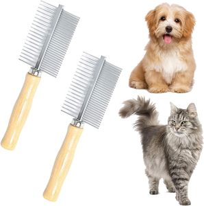 Peigne de toilettage pour chiens Peignes pour chiens en acier inoxydable Peigne à puces double face avec manche en bois pour animaux de compagnie moyens et grands - Product Image 2