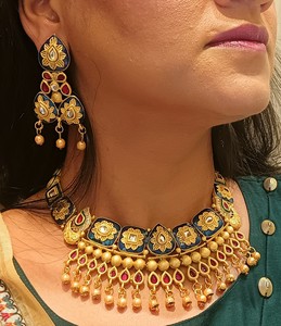 Indian Bollywood 14K chapado en oro Kundan perla Multicolor Boda nupcial collar pendientes conjunto de joyas - Product Image 2