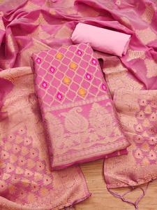 Cravate à col lourd pour femmes travail manuel Banarasi Chanderi robe en soie matériel pêche non cousu pour les occasions de fête - Product Image 3