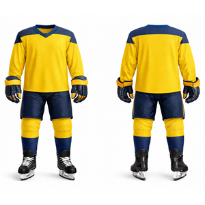 Uniforme de hockey sur glace sur mesure très demandé pour hommes - Jaune vif avec des accents bleu marine sur les épaules - Kit d'équipe complet - Product Image 3