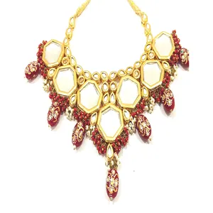 Ensemble de bijoux fins plaqué or 24 carats avec perles rouges et pierres Kundan, style vintage, en acier inoxydable, pour mariage et cadeau - Product Image 2