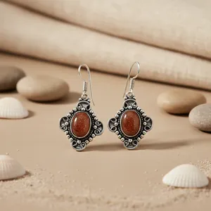 Boucles d'oreilles pendantes de luxe vintage tibétaines en argent avec pierre naturelle sertie clos pour femme - Cadeau - Product Image 1