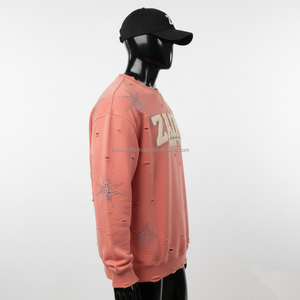 Sweat-shirt pour homme en tissu polaire, couleur pêche, style délavé, design avec strass, broderie de logo personnalisé, sweat-shirts basiques - Product Image 5