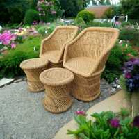 Ensemble de 2 chaises modulaires en rotin et bambou faites à la main de qualité supérieure avec 2 tabourets ottomanes pour salle à manger, villas, appartements, ateliers