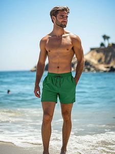Shorts de bain décontractés pour hommes, écologiques, unis, à séchage rapide, anti-froissement, respirants, avec cordon de serrage et poches, pour le surf et la plage - Product Image 3
