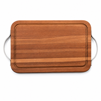Planche à découper en bois d'acacia avec poignées métalliques et rainure pour les jus, pour servir viande, pain et fromage dans la cuisine