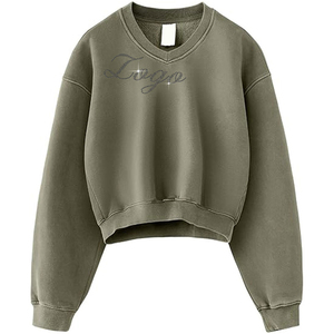 OEM personalizado brillante Rhinestone Logo Crop sudadera lavado Casual holgado cuello en V pulóver sudaderas con capucha camisa corta suelta Fit Tops - Product Image 5