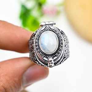 Bague boîte à pilules en pierre de lune, bague ajustable, boîte à message en pierre précieuse, bague boîte secrète en argent sterling 925, cadeau de vacances unique - Product Image 1