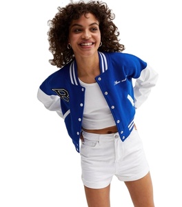 ผู้หญิงที่กําหนดเองตัดเสื้อแจ็คเก็ตตัวแทนสีน้ําเงินรอยัล OEM แขนหนัง Chenille เย็บปักถักร้อยเบสบอลเล็ตเตอร์เมนชุดกีฬาเสื้อผ้า - Product Image 1