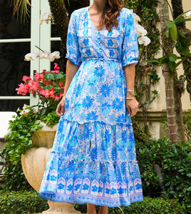 Attrayant bohème rayonne imprimé Maxi robe manches longues col en V vacances décontracté Midi longueur robe pour les femmes - Product Image 1