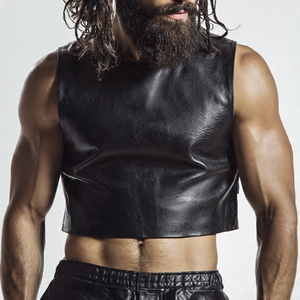 Camiseta corta de cuero a la moda para hombre, ropa de calle, Top corto de cuero con cuello redondo, ropa para correr para hombre, Tops cortos de cuero PU para hombre - Product Image 2