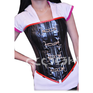 Corset gothique noir en cuir respirant personnalisé avec rivets et crochets à chaîne double à l'avant et lacets à l'arrière - Product Image 3