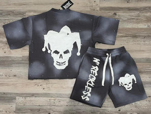 Conjunto de Verano Unisex de Algodón 100% con Pantalones Cortos Casuales de Hombre con Pedrería y Camiseta Oversize con Logo Desgastado y Lavado Ácido 2025 - Product Image 5