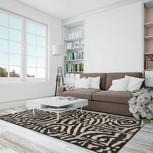 Zebra Print <b>Rug</b>: Beige & Black Animal Pattern, Modern Safari Decor,<b>Chenille</b> <b>Rug</b> - Product Image 5