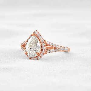 925 Silver Elegant and Luxurious Moissanite Diamond Pear Cut <b>Split</b> Shank Halo Engagement <b>Ring</b> - Product Image 3