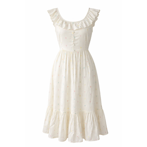 Vestido Midi Formal Elegante para Mujer, 100% Algodón, Cuello Redondo, Detalle de Botones, Cintura Imperio con Volantes, Ideal para Celebraciones, Fiestas y Graduaciones - Product Image 3