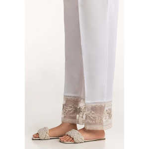 Pantalon cargo blanc brodé en soie brute pour femme, respirant, taille mi-haute avec fermeture élastique TR-24-28 - Product Image 2