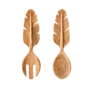 ชุดช้อนตักสลัดและส้อมด้ามไม้สีสองสีธรรมชาติดีไซน์ขนนก - Product Image 1