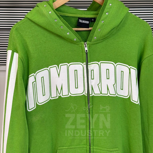 Sweat-shirts personnalisés pour hommes, imprimés et brodés, avec graphiques en strass, en coton, zippés, style streetwear, imprimés à l'écran, couleur verte, bandes latérales longues - Product Image 3