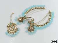 Parure de boucles d'oreilles chandelier et mangtiika indiennes traditionnelles, plaquées or, en alliage, avec perles d'imitation et zircon, motif floral, style Mehendi