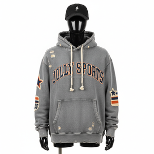 Sweat à capuche surdimensionné 400 GSM coton polaire lourd délavé gris en détresse brodé Logo personnalisé Design Basics Hoodie - Product Image 1