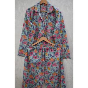 Conjunto de Pijama de Verano de Algodón Estampado a Mano, Lujoso, Transpirable, Suave, con Diseño Floral Indio, Ropa de Dormir Ligera - Product Image 4