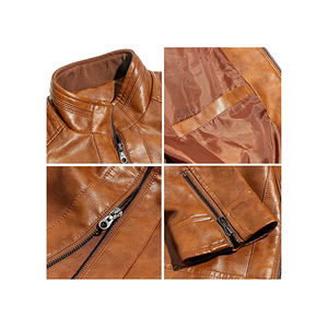 Moda primavera otoño nuevos hombres chaqueta de cuero de piel de vaca recubierta cuello alto Vintage de talla grande bolsillos delanteros - Product Image 5