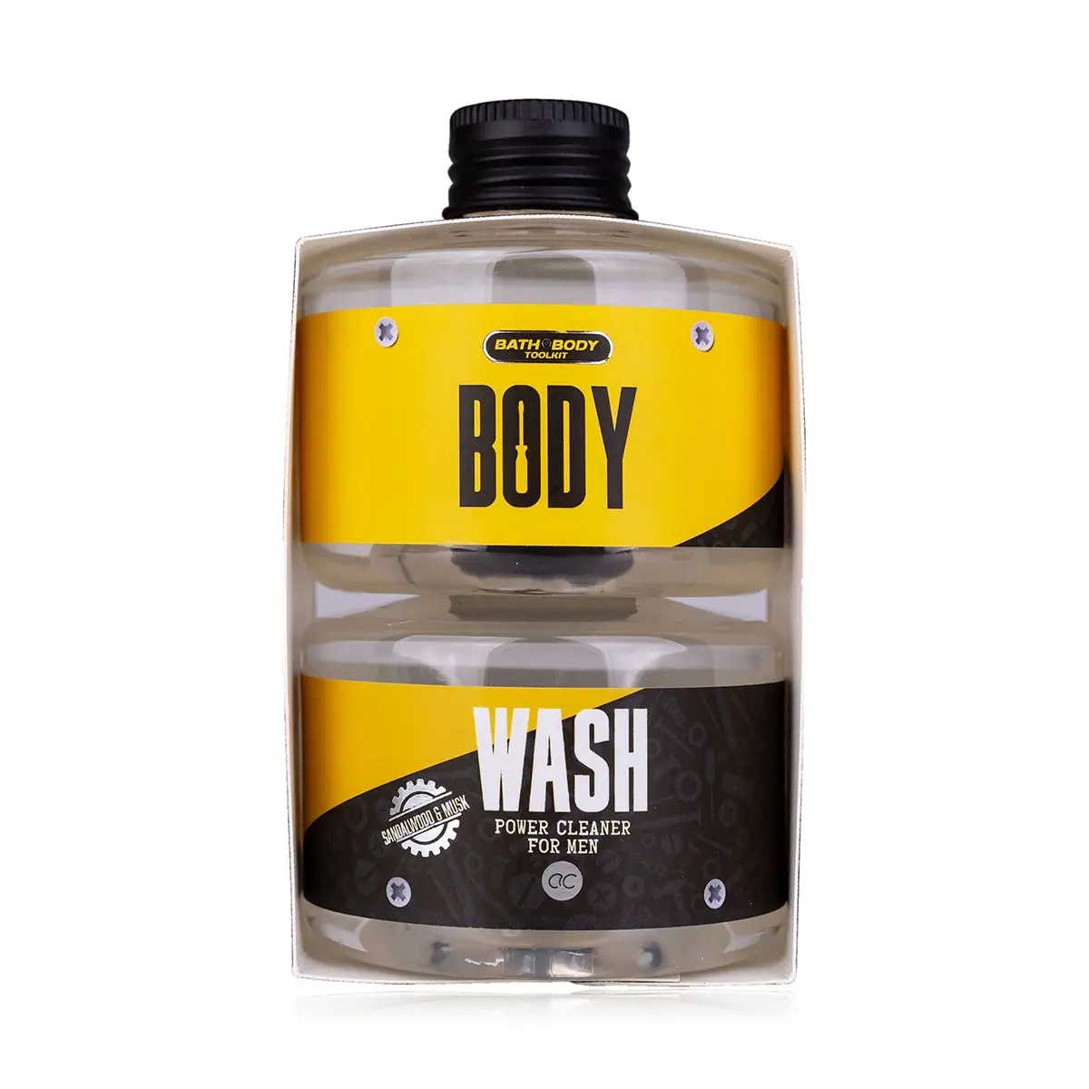 Kit de ferramentas para banho e corpo embalado para presente com 2x140ml Sandália e Musgo Gelos de banho com perfume amarelo/preto conjunto de acessórios de banho