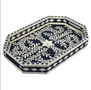 ถาดเสิร์ฟงานฝีมือคุณภาพสูงแบบสั่งทำพิเศษ ประดับด้วยกระดูกและมุก งานฝีมือจากอินเดีย ถาดทรงกลมมีหูจับ - Product Image 2