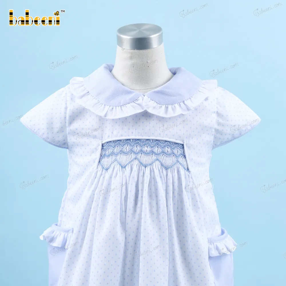 Geometrik önlüklü elbise mavi beyaz noktalar kız için OEM ODM özelleştirilmiş el yapımı nakış toptan önlüklü elbise es - BB3163