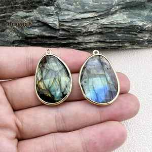 2pcs Vintage Plaqué Or Facettes Flash Pierre de Lune et Labradorite Pendentif Charmes Bohème Pierres Précieuses Colliers pour Noël - Product Image 1