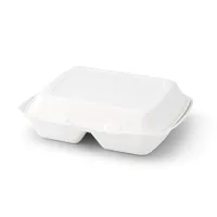 Boîtes à repas rectangulaires compostables à deux compartiments avec couvercle à charnière en canne à sucre - 25x20x7,5 cm - 200 pcs/carton