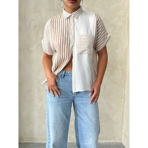 เสื้อเชิ้ตผู้หญิง Topshow สีแอนทราไซต์ ประดับลายทาง ผ้าลินินผสม สไตล์ลำลอง ขายส่ง สำหรับใส่ในชีวิตประจำวัน - Product Image 4